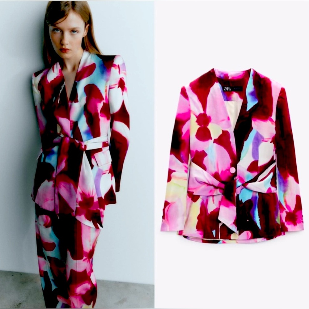 Zara Floral Watercolor Blazer in Pink, Burgundy, Lavender with Tie Belt - Picture 2 of 8
